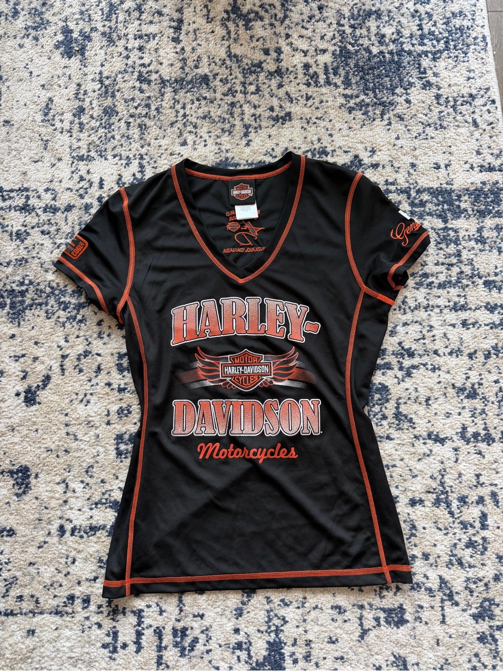 Harley-Davidson Black Tee with Orange Trim and White Accents